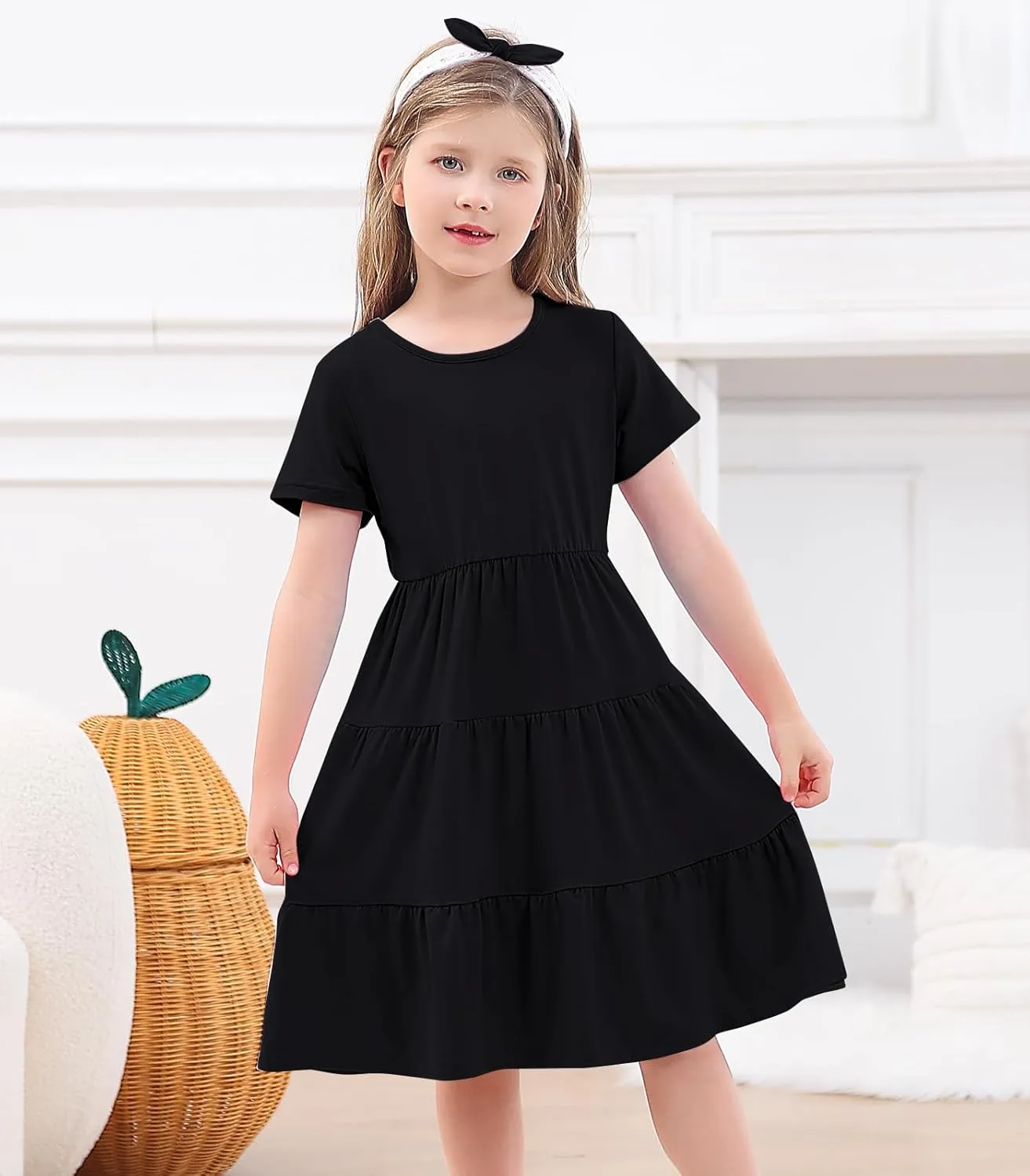 3-7 Years Girls Summer Dresses Tie Back Short Sleeve Ruffle Tiered Twirly Casual Midi Sundress