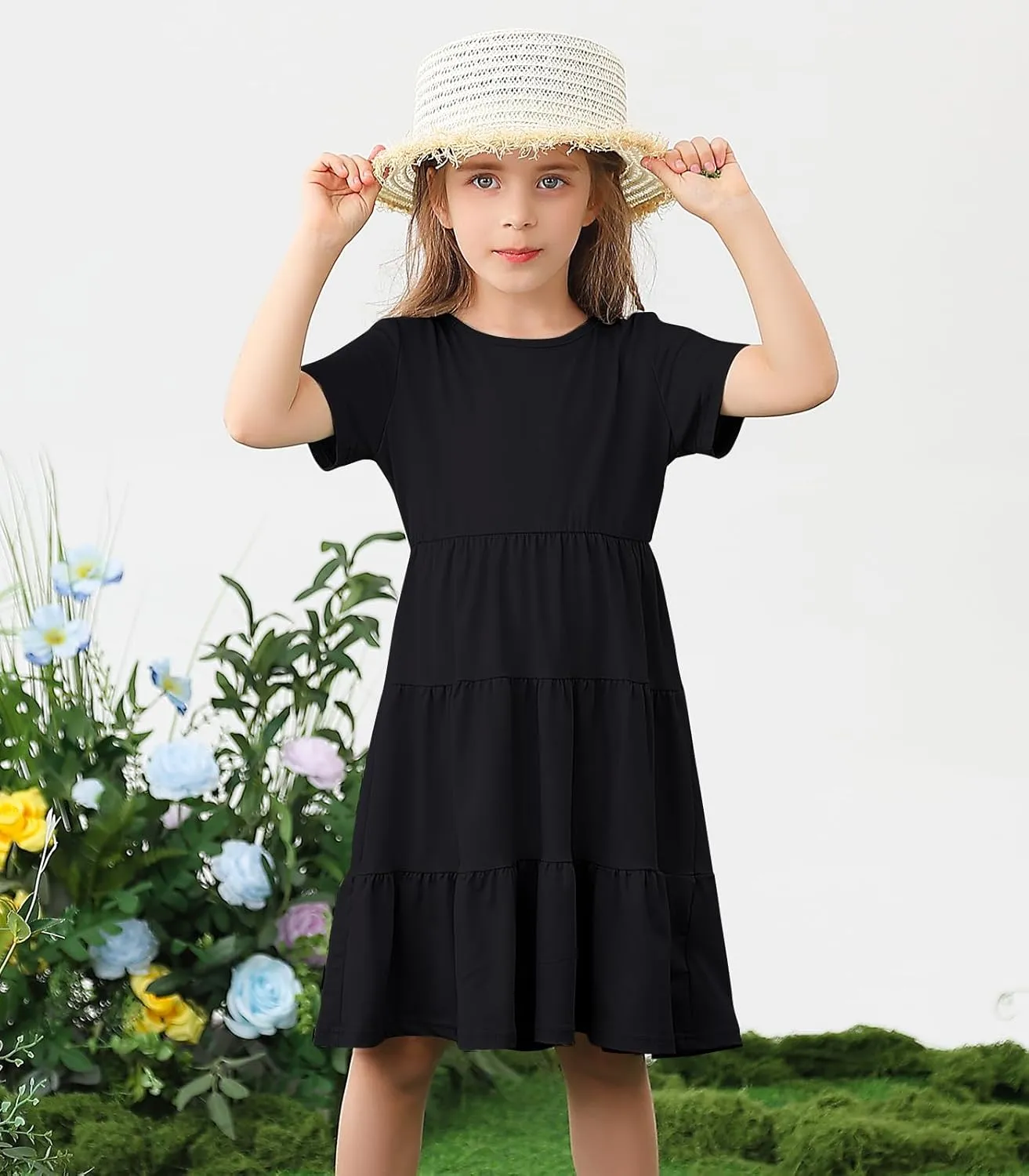 3-7 Years Girls Summer Dresses Tie Back Short Sleeve Ruffle Tiered Twirly Casual Midi Sundress