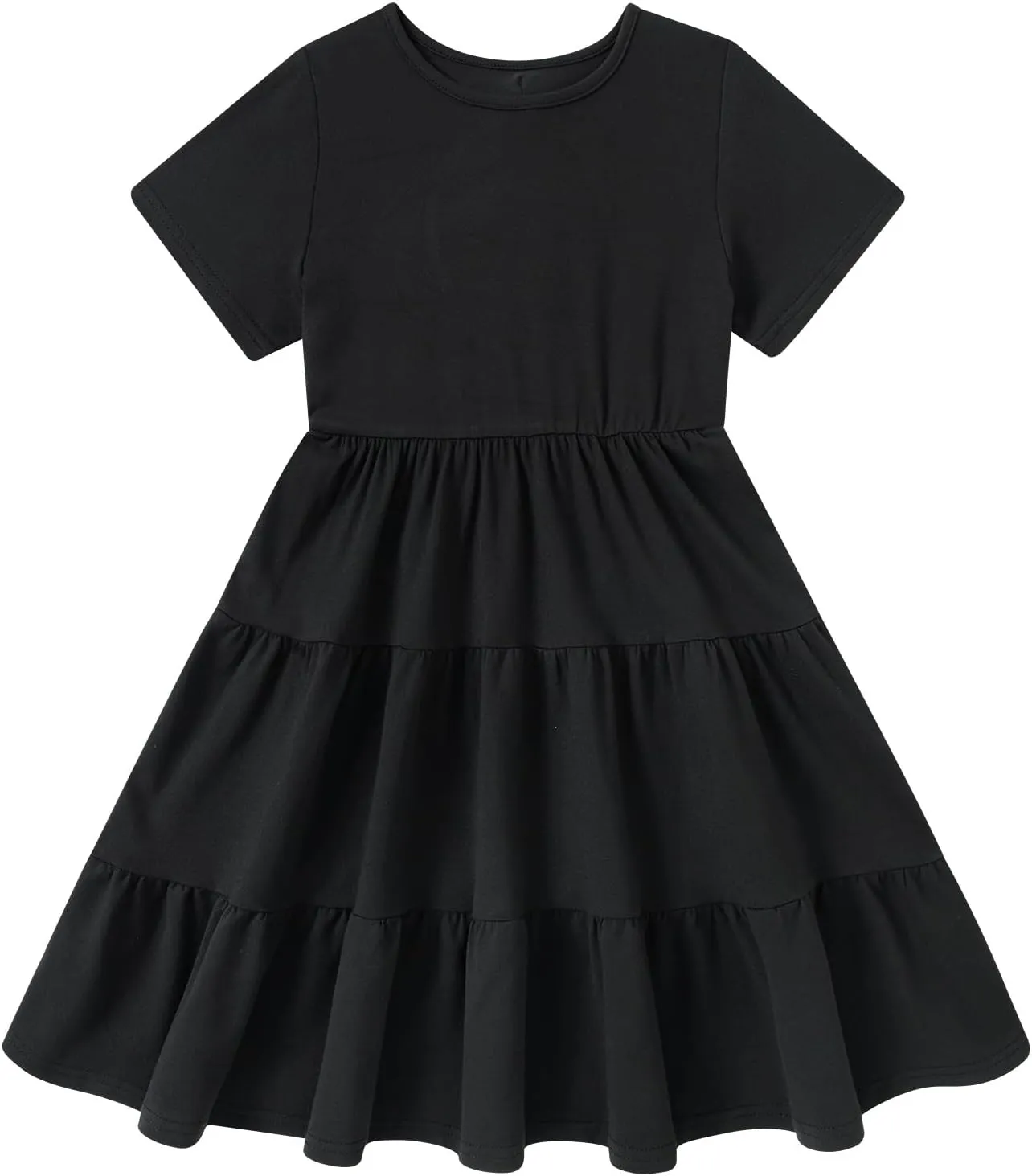 3-7 Years Girls Summer Dresses Tie Back Short Sleeve Ruffle Tiered Twirly Casual Midi Sundress