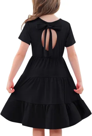 3-7 Years Girls Summer Dresses Tie Back Short Sleeve Ruffle Tiered Twirly Casual Midi Sundress