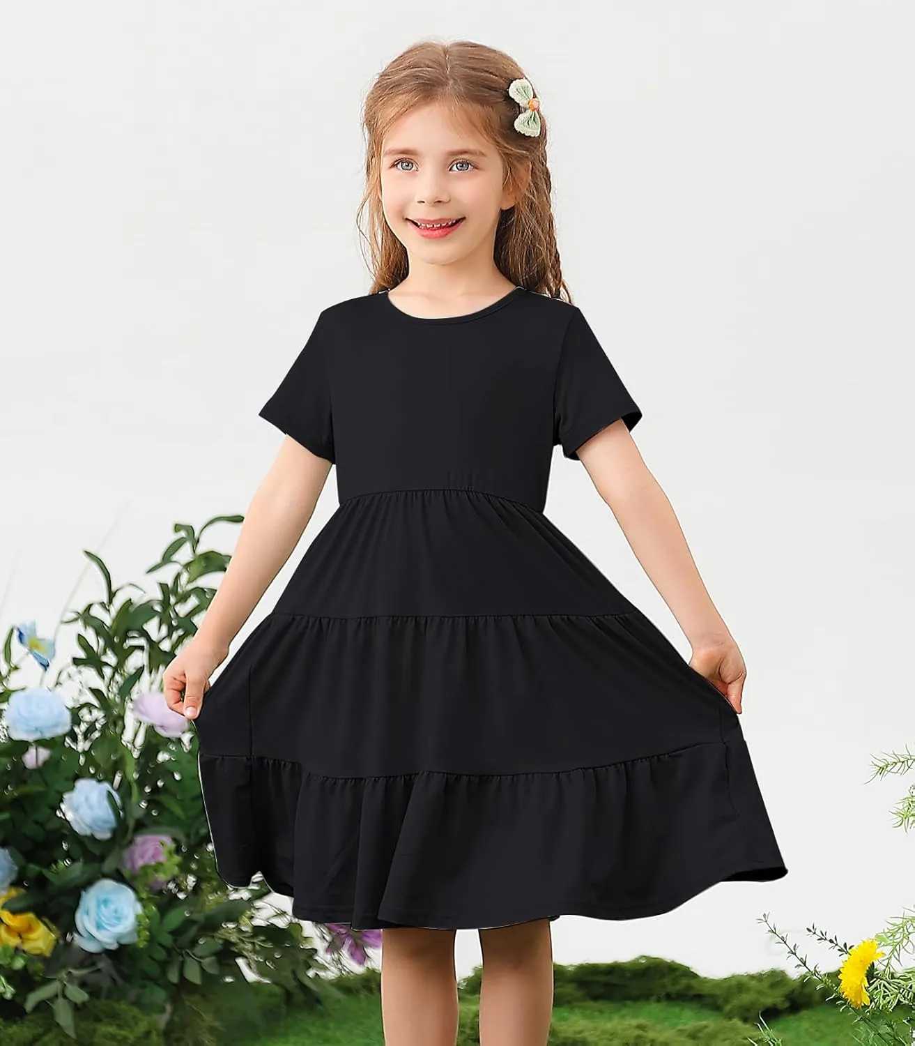 3-7 Years Girls Summer Dresses Tie Back Short Sleeve Ruffle Tiered Twirly Casual Midi Sundress