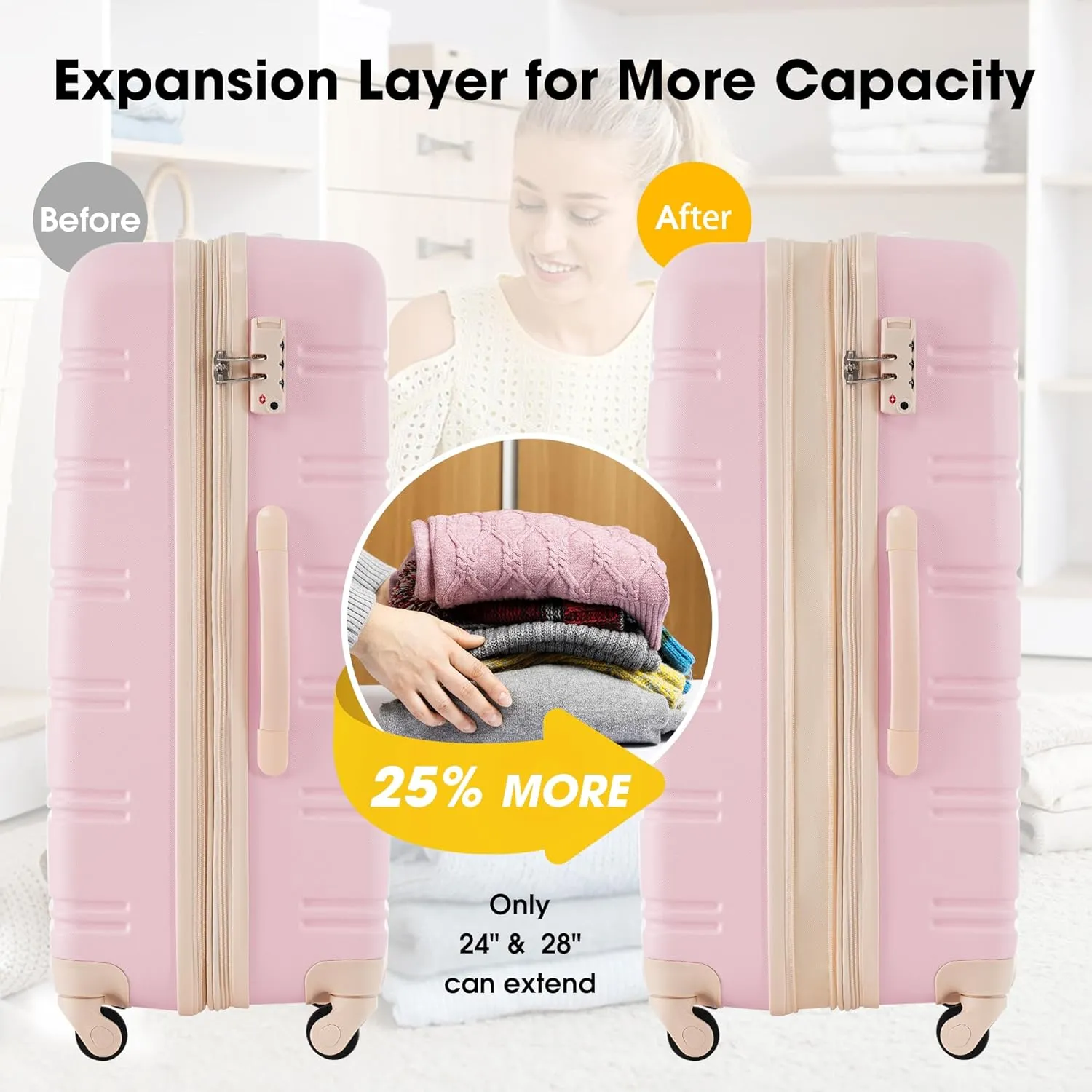 3 Pieces Expandable Modern Luggage Set, ABS Hardside Suitcase with TSA Lock, 360 Spinner Wheels, Light Pink, (20/24/28) Inch