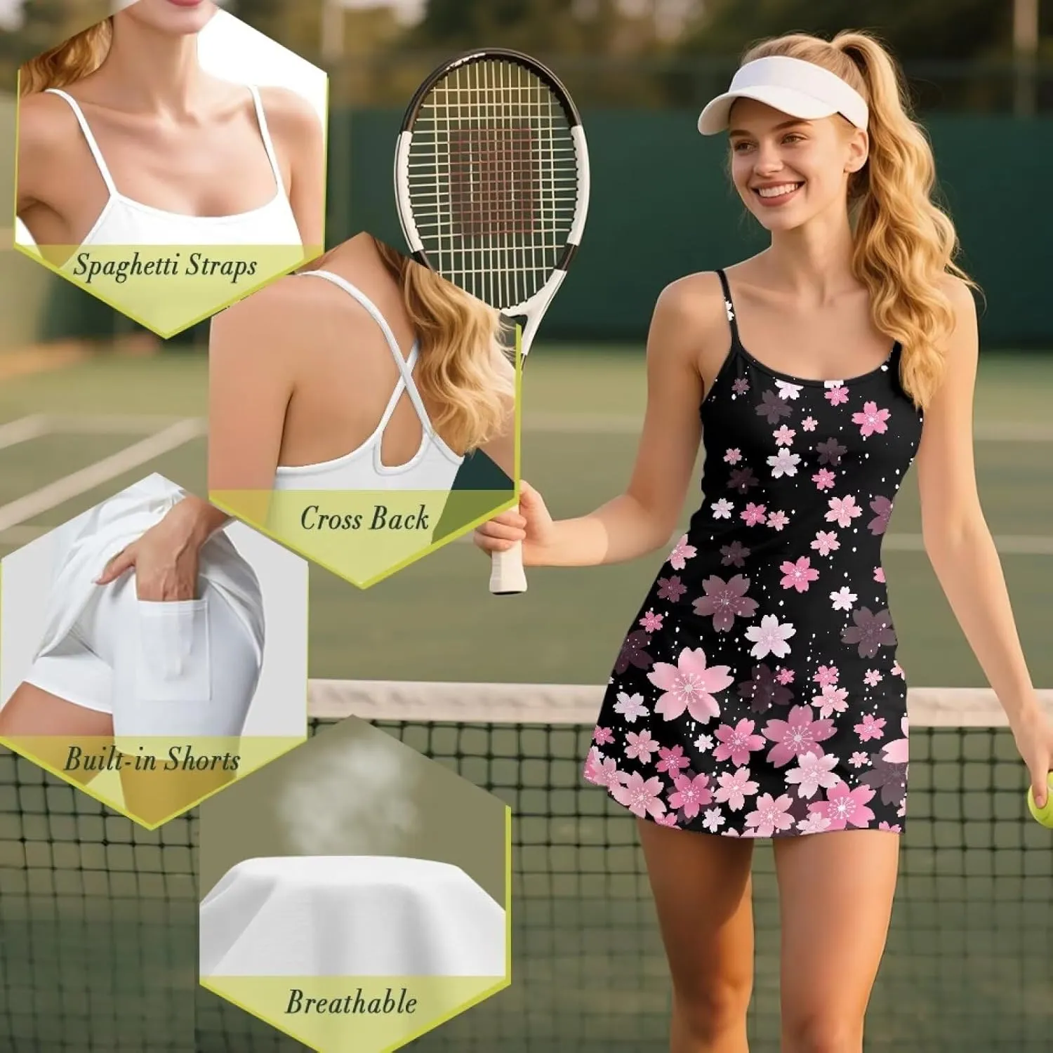 Active Dress with Shorts Underneath Tennis Dress Spaghetti Strap Casual Athletic Sports Outfits