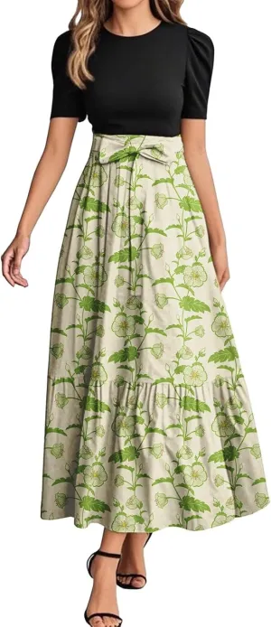 ADHOWBEW Dresses for Women 2025 Beach Casual Plus Size Trendy Flower O Neck Sexy Elegant Empire Waist Short Sleeve Dresses