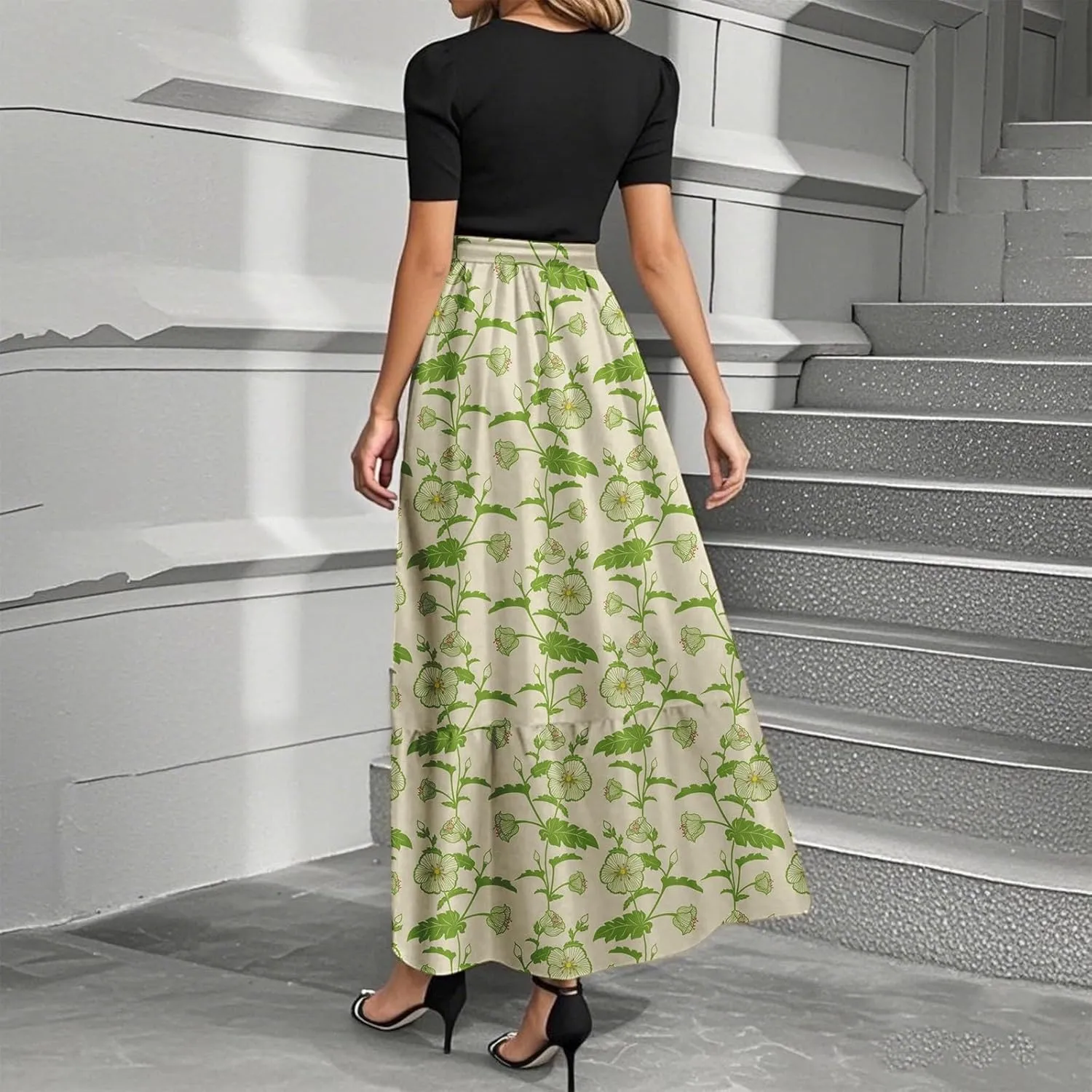 ADHOWBEW Dresses for Women 2025 Beach Casual Plus Size Trendy Flower O Neck Sexy Elegant Empire Waist Short Sleeve Dresses