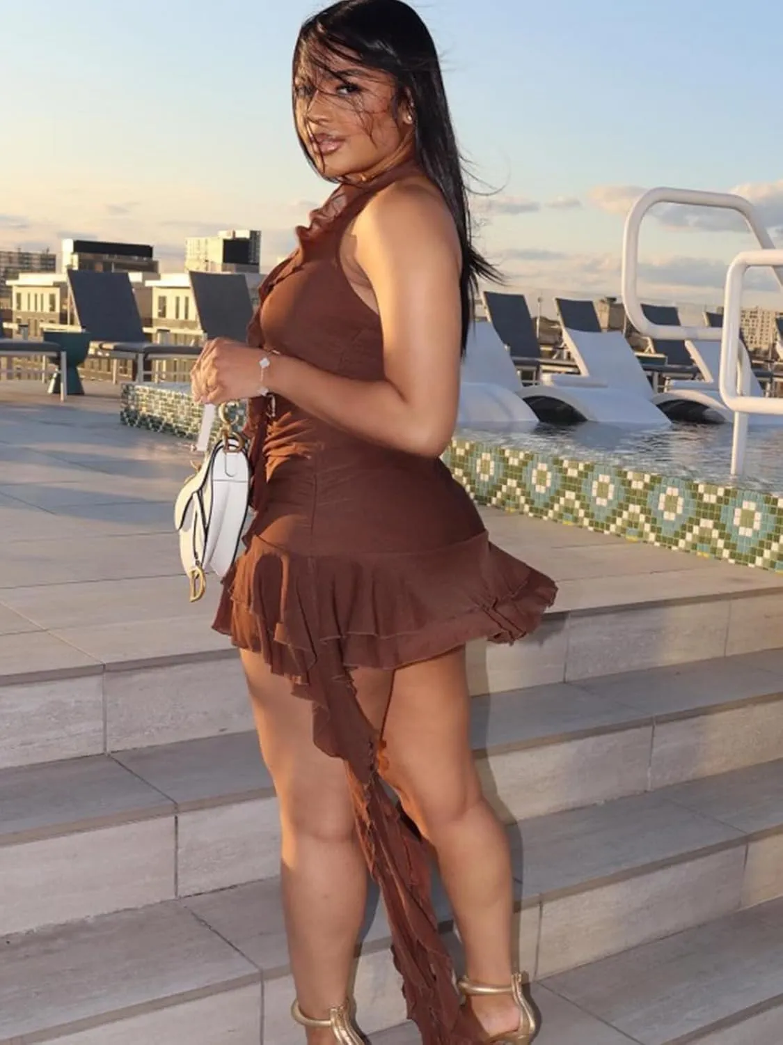 Adogirl Sexy Ruffle Y2K Mini Dress for Women Halter Neck Backless Fringed Ruched Cocktail Summer Party Tassels Short Dresses