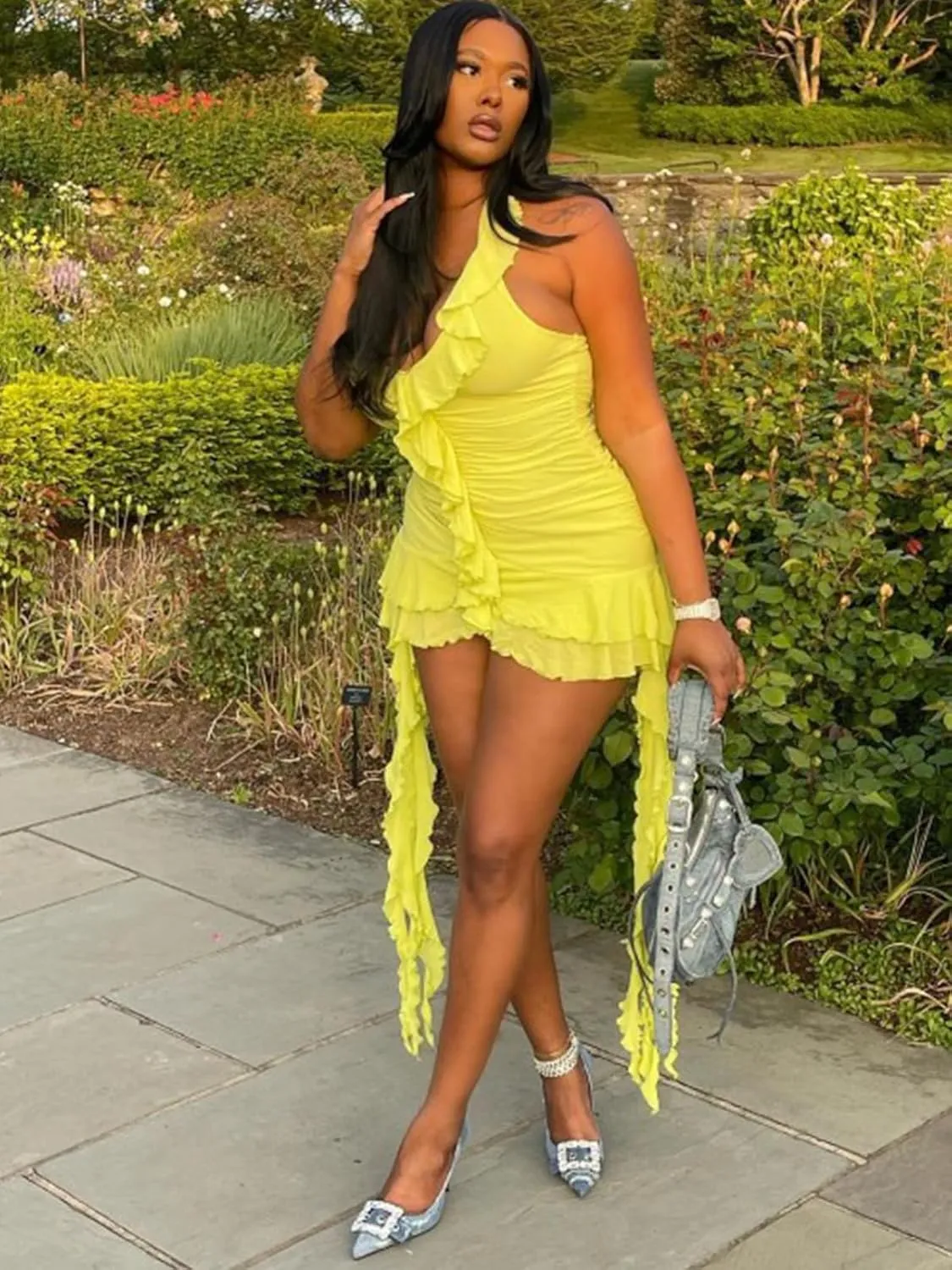 Adogirl Sexy Ruffle Y2K Mini Dress for Women Halter Neck Backless Fringed Ruched Cocktail Summer Party Tassels Short Dresses