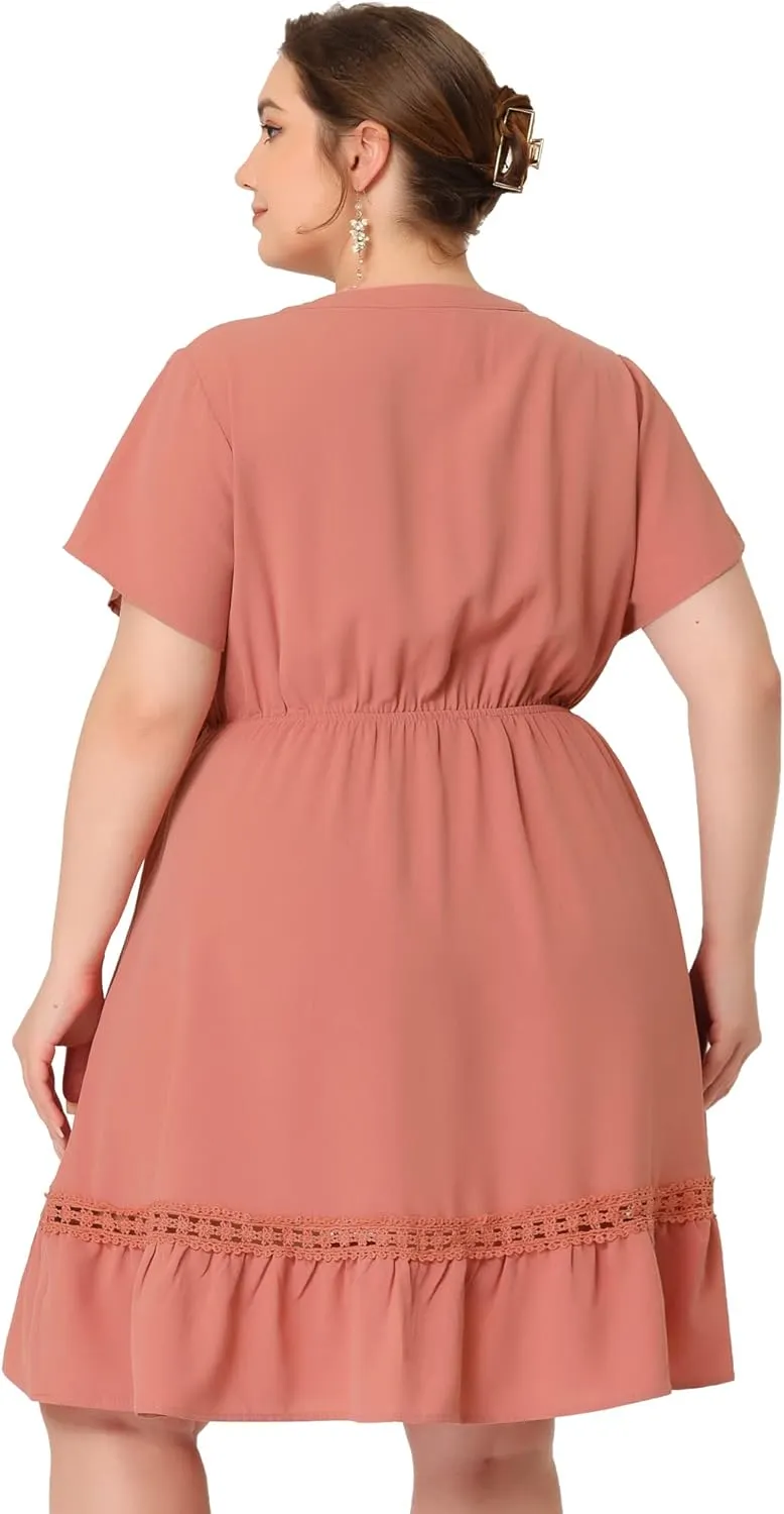 Agnes Orinda Plus Size Dress for Women Button V Neck Summer Midi Ruffle A Line Swing Dresses