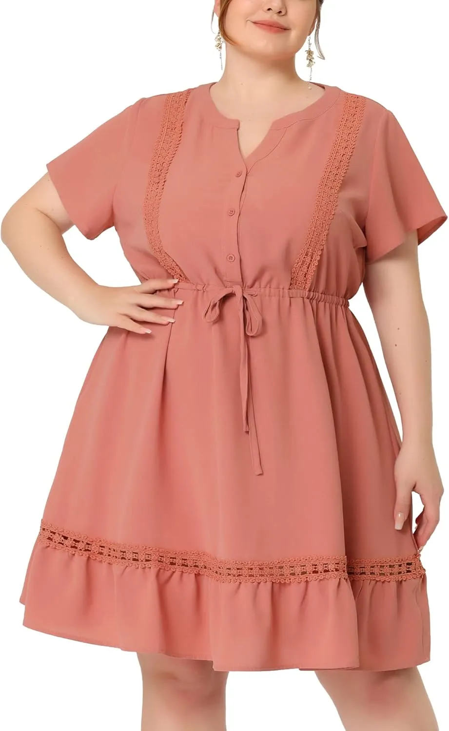 Agnes Orinda Plus Size Dress for Women Button V Neck Summer Midi Ruffle A Line Swing Dresses