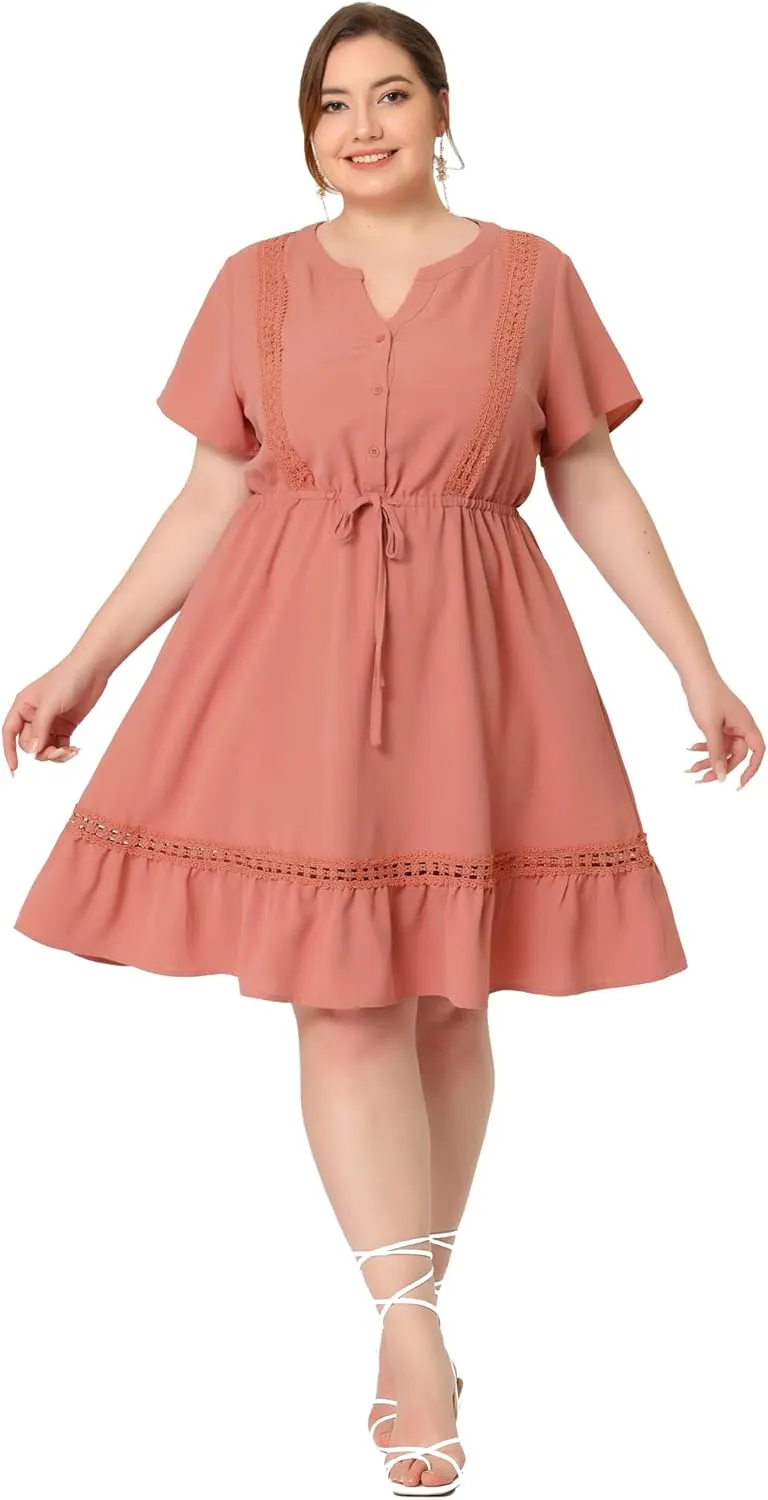 Agnes Orinda Plus Size Dress for Women Button V Neck Summer Midi Ruffle A Line Swing Dresses