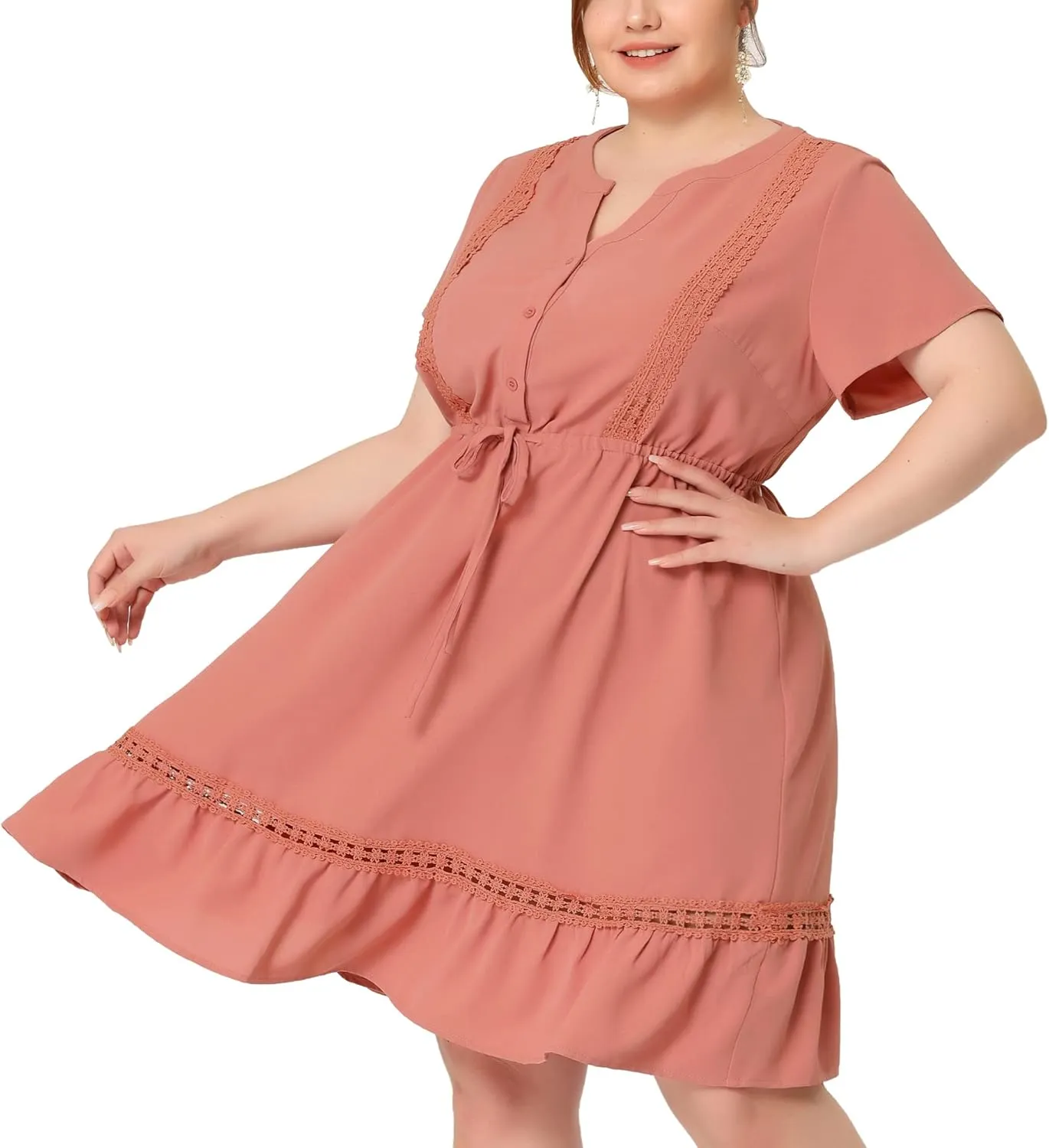 Agnes Orinda Plus Size Dress for Women Button V Neck Summer Midi Ruffle A Line Swing Dresses