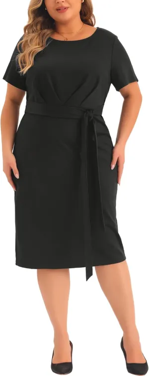 Agnes Orinda Plus Size Dress for Women Round Neck Short Sleeve Belted Knot Tie Midi Dresses