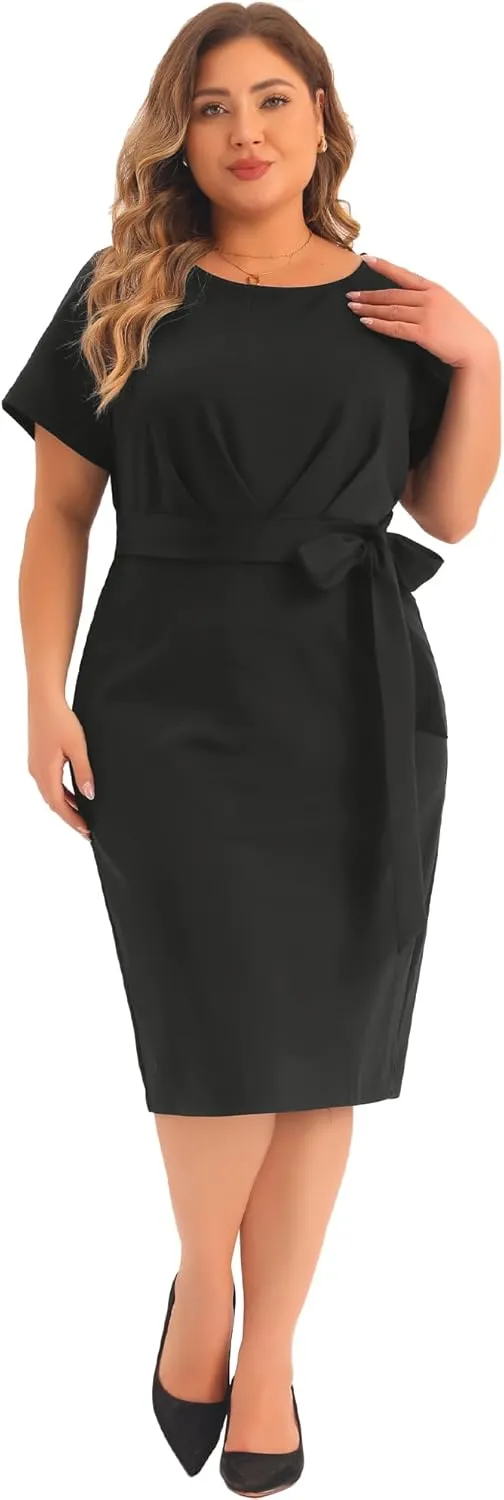 Agnes Orinda Plus Size Dress for Women Round Neck Short Sleeve Belted Knot Tie Midi Dresses