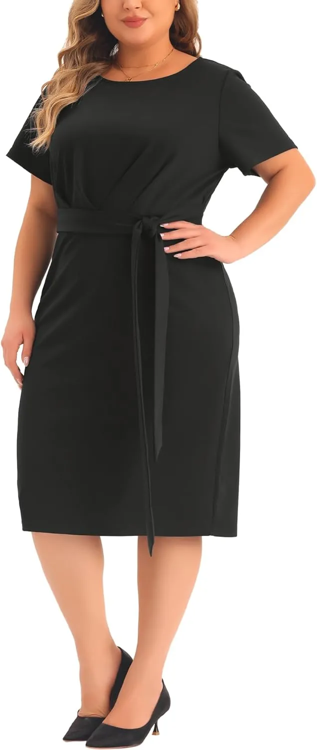 Agnes Orinda Plus Size Dress for Women Round Neck Short Sleeve Belted Knot Tie Midi Dresses