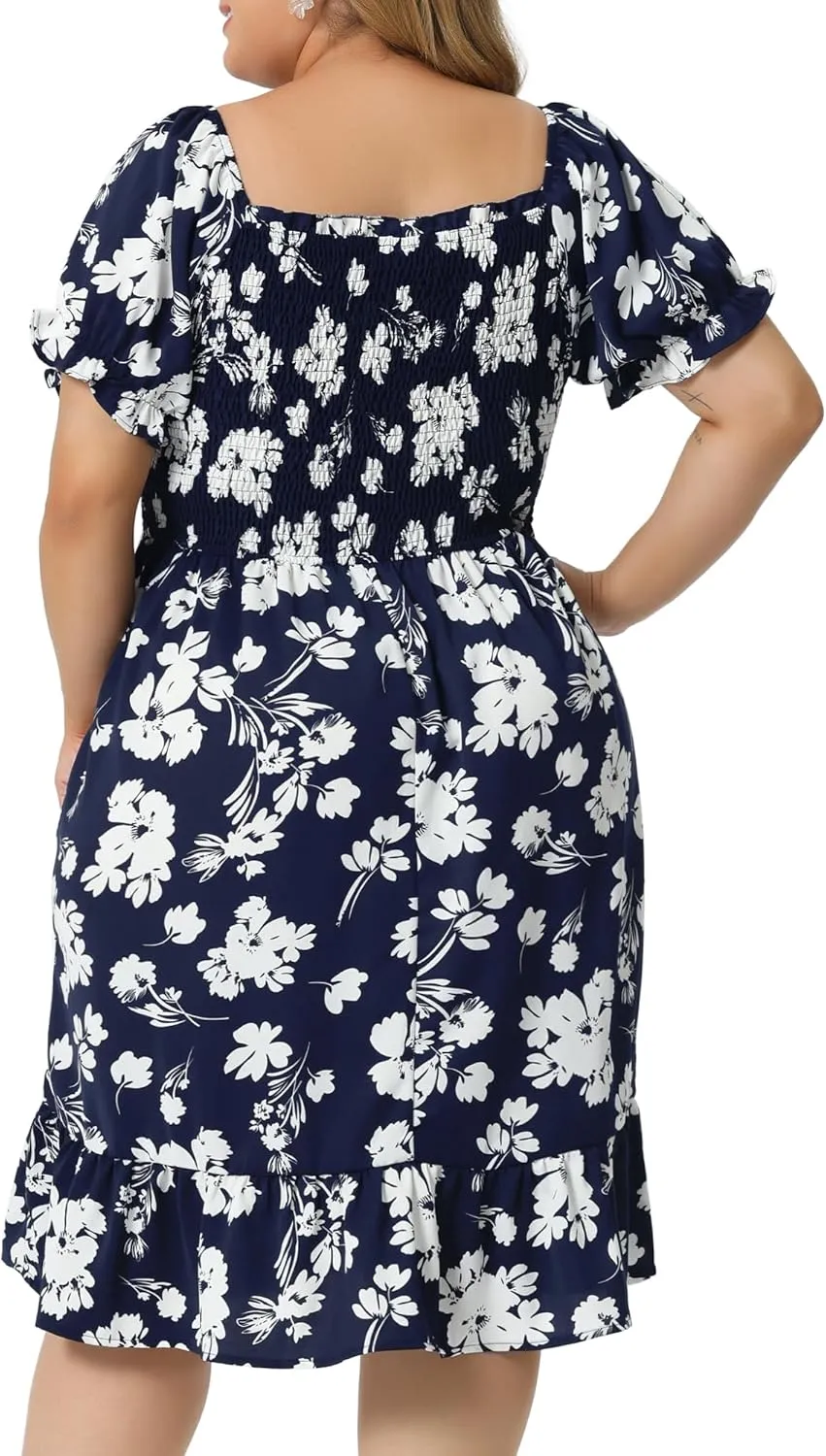 Agnes Orinda Plus Size Dress for Women Ruffle Short Sleeve Flared Flowy Smock Floral Print Dresses