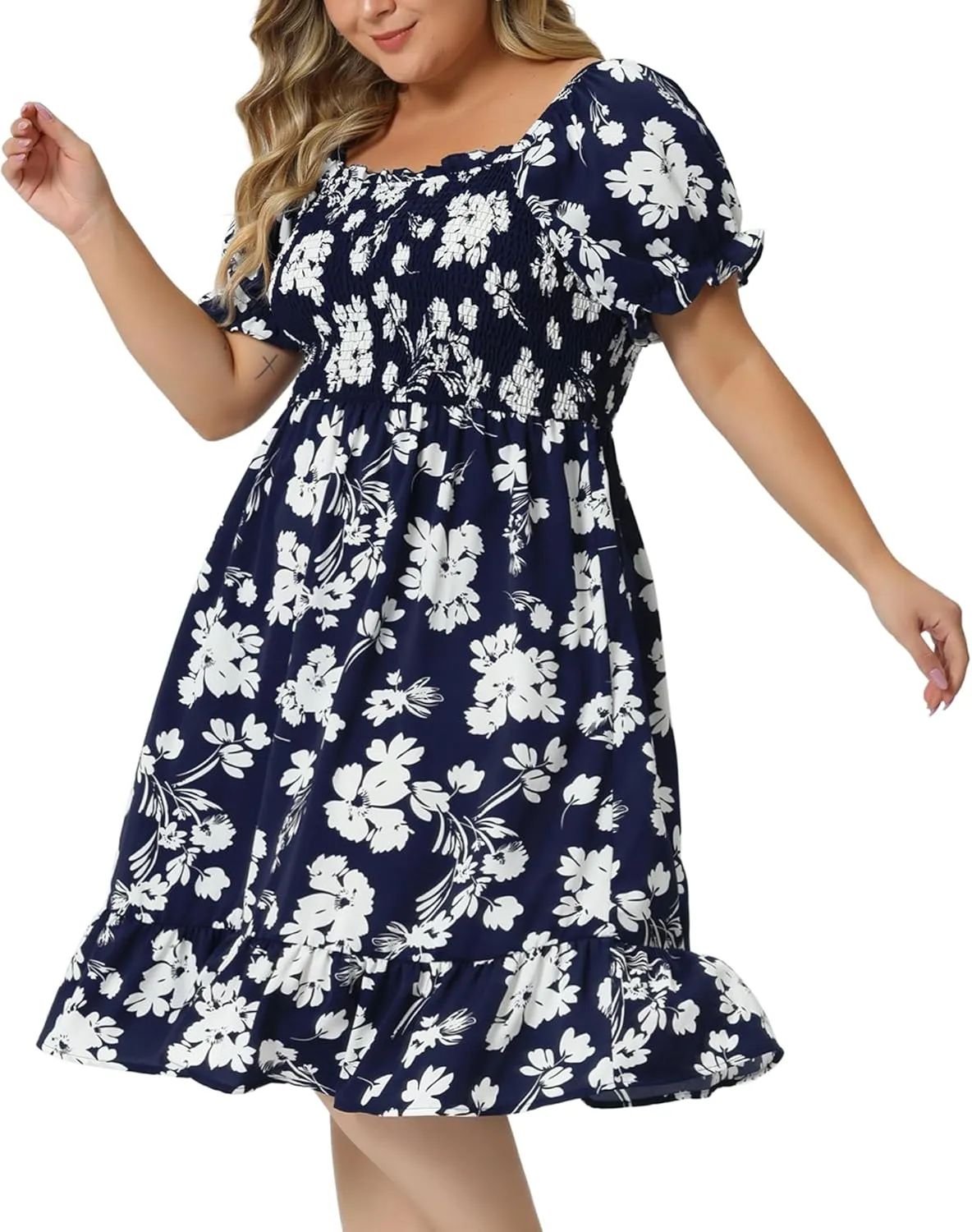 Agnes Orinda Plus Size Dress for Women Ruffle Short Sleeve Flared Flowy Smock Floral Print Dresses