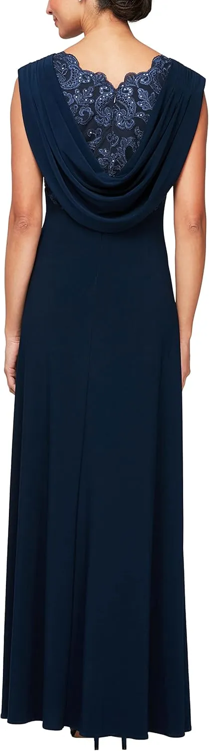 Alex Evenings Women's Long Cowl Back Mother of The Bride Dress, Formal Event, Wedding Guest Gown (Petite and Regular Sizes)