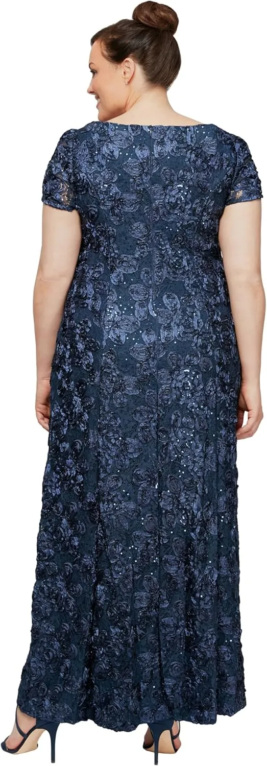 Alex Evenings Women's Long Rosette Mother of The Bride Dress with Short Sleeves, Formal Gown, Wedding Guest (Plus Size)