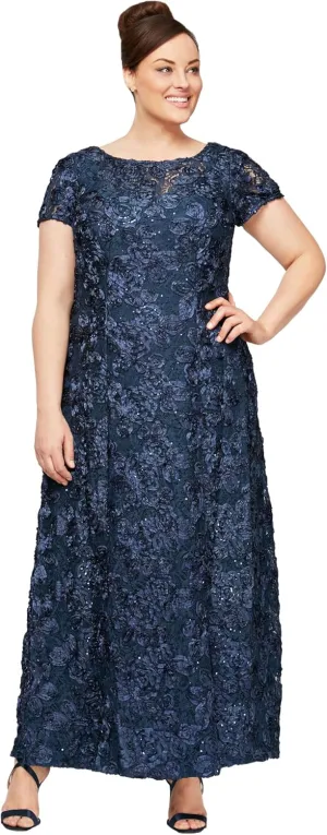 Alex Evenings Women's Long Rosette Mother of The Bride Dress with Short Sleeves, Formal Gown, Wedding Guest (Plus Size)