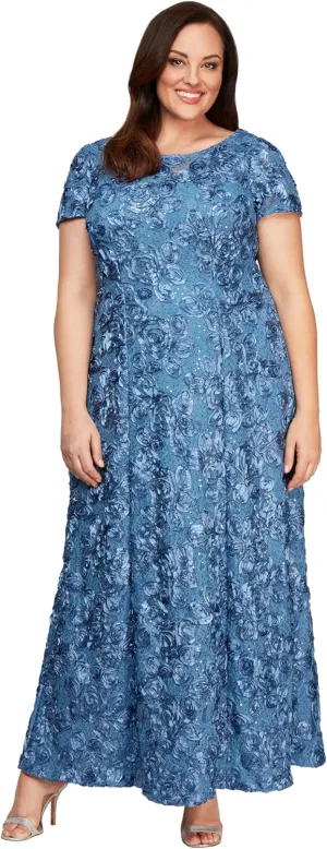 Alex Evenings Women's Long Rosette Mother of The Bride Dress with Short Sleeves, Formal Gown, Wedding Guest (Plus Size)