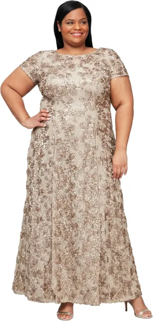 Alex Evenings Women's Long Rosette Mother of The Bride Dress with Short Sleeves, Formal Gown, Wedding Guest (Plus Size)