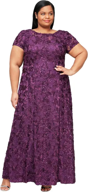 Alex Evenings Women's Long Rosette Mother of The Bride Dress with Short Sleeves, Formal Gown, Wedding Guest (Plus Size)