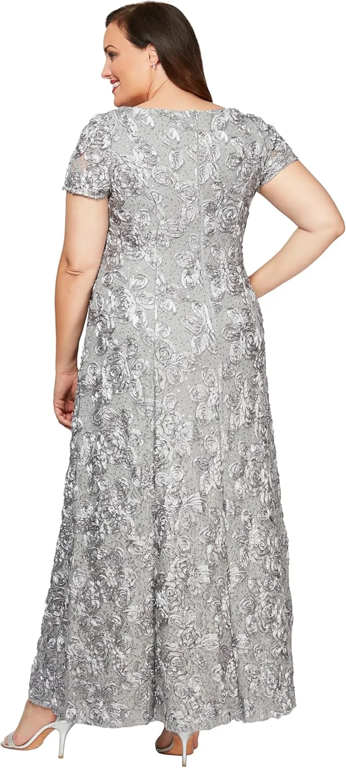 Alex Evenings Women's Long Rosette Mother of The Bride Dress with Short Sleeves, Formal Gown, Wedding Guest (Plus Size)