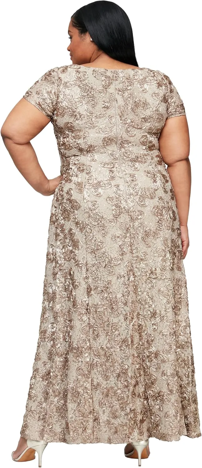 Alex Evenings Women's Long Rosette Mother of The Bride Dress with Short Sleeves, Formal Gown, Wedding Guest (Plus Size)