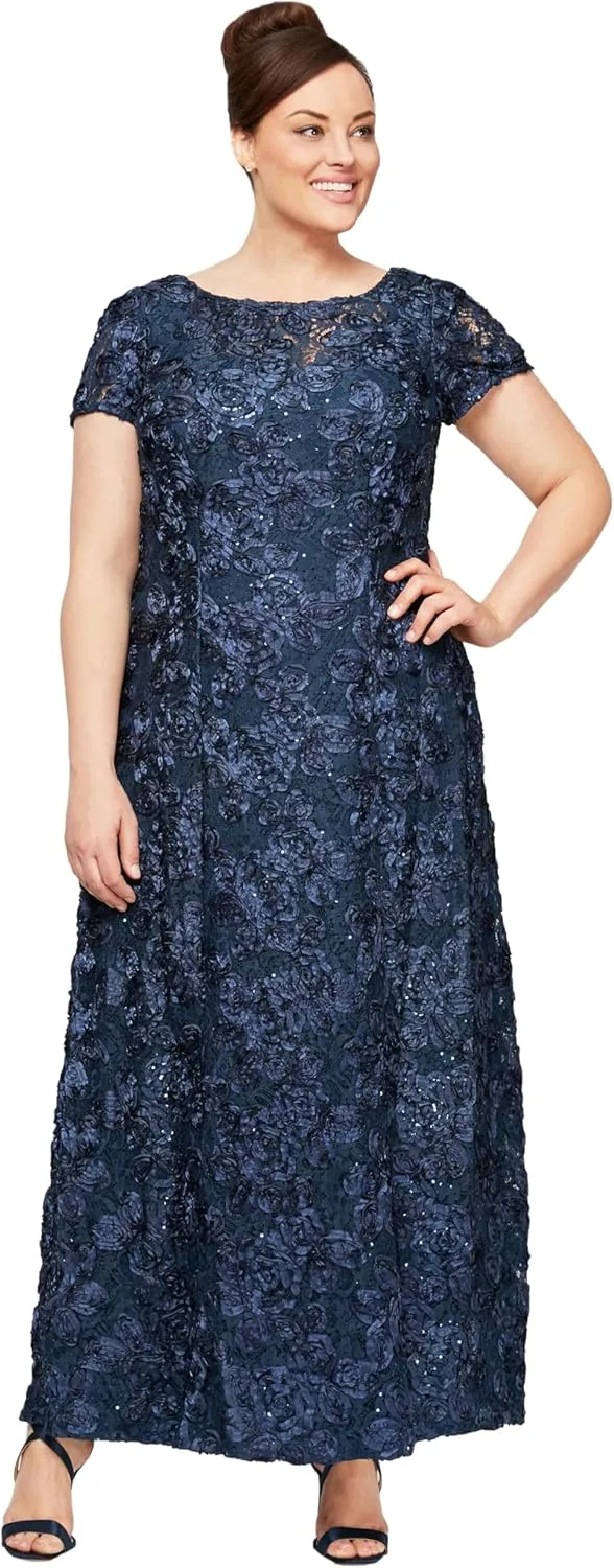Alex Evenings Women's Long Rosette Mother of The Bride Dress with Short Sleeves, Formal Gown, Wedding Guest (Plus Size)