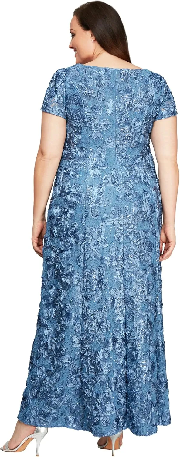 Alex Evenings Women's Long Rosette Mother of The Bride Dress with Short Sleeves, Formal Gown, Wedding Guest (Plus Size)