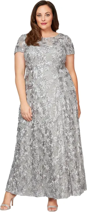 Alex Evenings Women's Long Rosette Mother of The Bride Dress with Short Sleeves, Formal Gown, Wedding Guest (Plus Size)