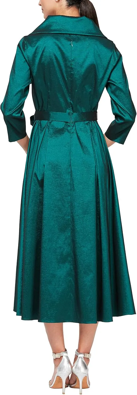 Alex Evenings Women's Portrait Collar Dress with Full Skirt, Pockets, and Tie Belt