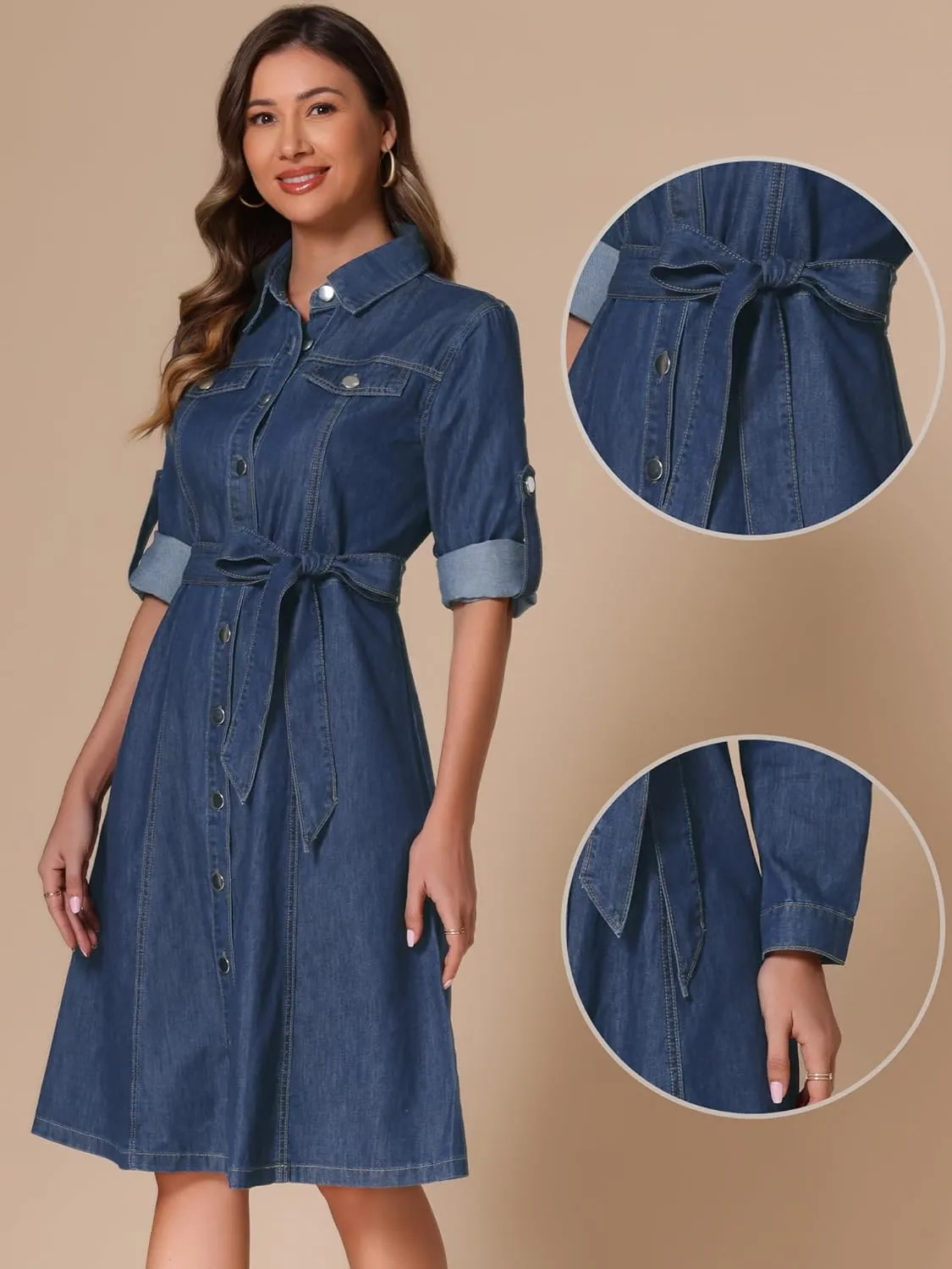 Allegra K Denim Dress for Women's Long Sleeve Button Down A-Line Belted Classic Jean Dresses