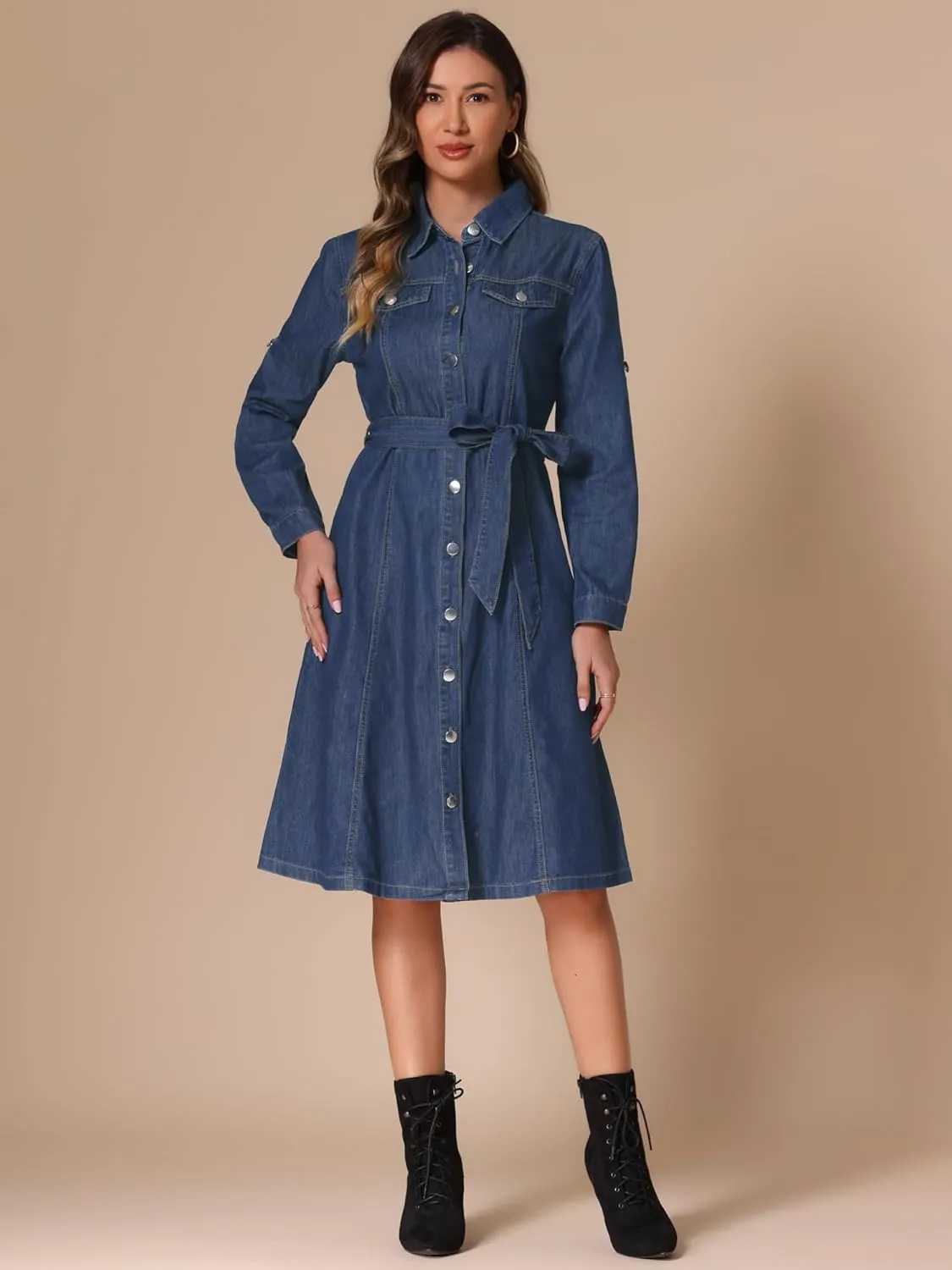 Allegra K Denim Dress for Women's Long Sleeve Button Down A-Line Belted Classic Jean Dresses