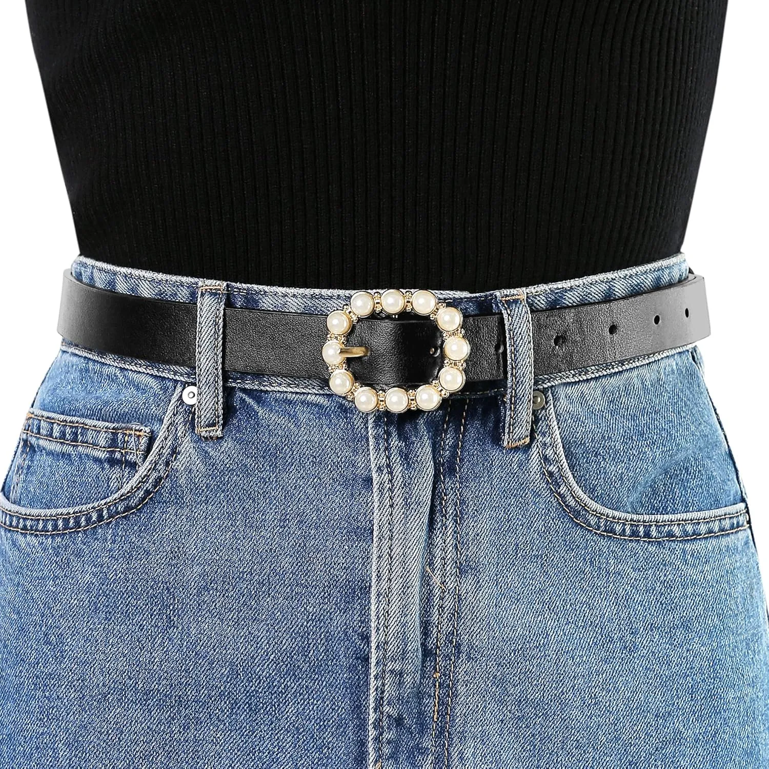 Allegra K Womens Pearl Waistband Skinny Leather Adjustable Pin Buckle Belt for Jeans Dresses Pants