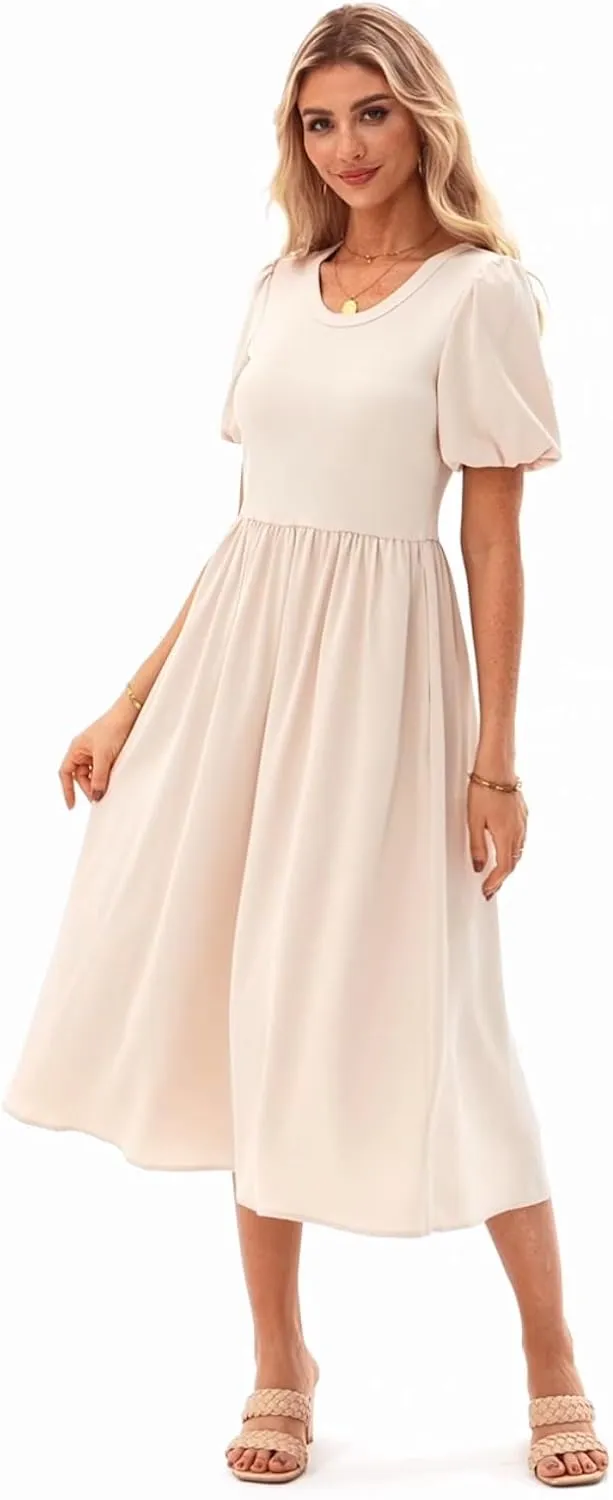 AlvaQ Women Dress Spring Summer Puff Sleeve Midi Dresses High Waist Ruffle A Line Flowy Beach Sundress with Pocket