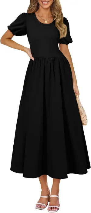 AlvaQ Women Dress Spring Summer Puff Sleeve Midi Dresses High Waist Ruffle A Line Flowy Beach Sundress with Pocket