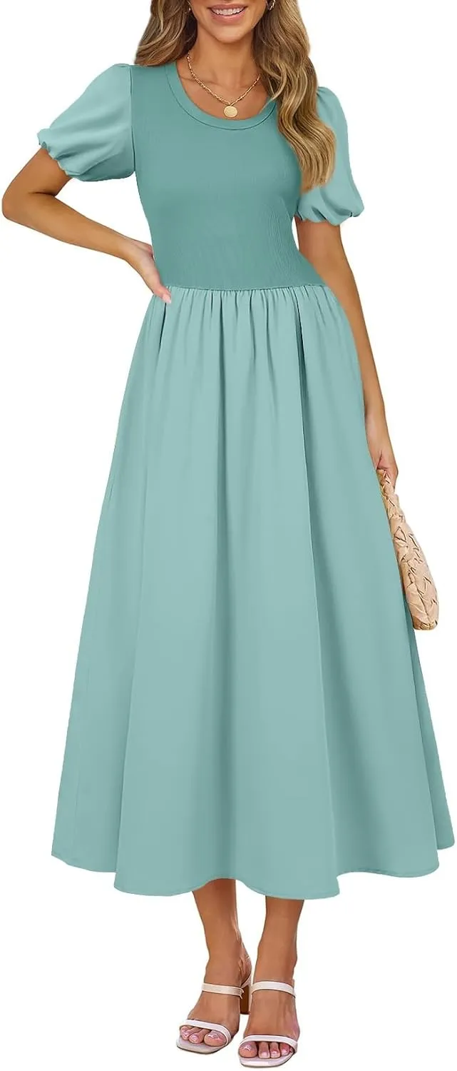 AlvaQ Women Dress Spring Summer Puff Sleeve Midi Dresses High Waist Ruffle A Line Flowy Beach Sundress with Pocket
