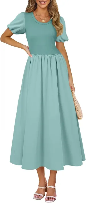 AlvaQ Women Dress Spring Summer Puff Sleeve Midi Dresses High Waist Ruffle A Line Flowy Beach Sundress with Pocket