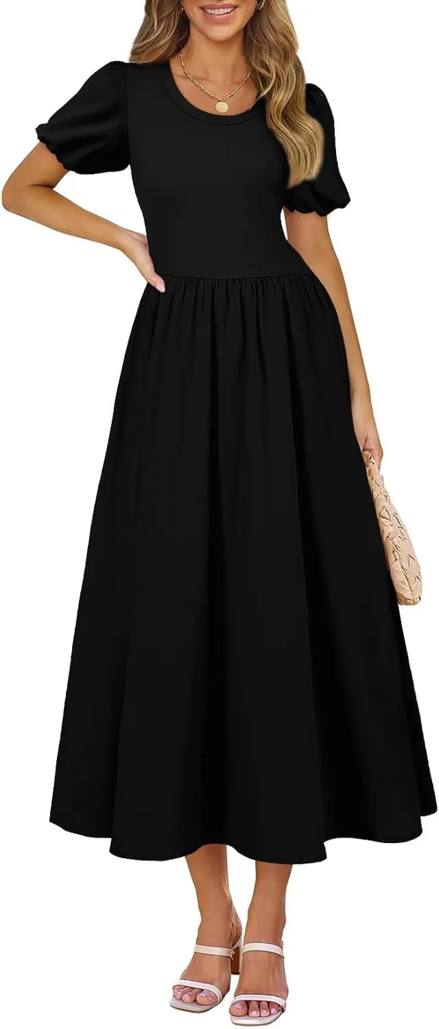 AlvaQ Women Dress Spring Summer Puff Sleeve Midi Dresses High Waist Ruffle A Line Flowy Beach Sundress with Pocket