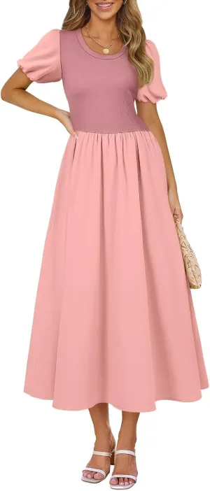 AlvaQ Women Dress Spring Summer Puff Sleeve Midi Dresses High Waist Ruffle A Line Flowy Beach Sundress with Pocket