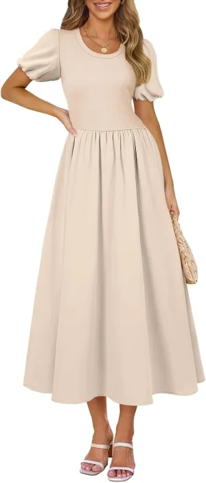 AlvaQ Women Dress Spring Summer Puff Sleeve Midi Dresses High Waist Ruffle A Line Flowy Beach Sundress with Pocket