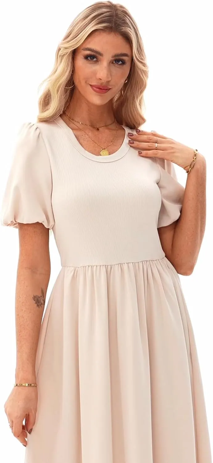 AlvaQ Women Dress Spring Summer Puff Sleeve Midi Dresses High Waist Ruffle A Line Flowy Beach Sundress with Pocket