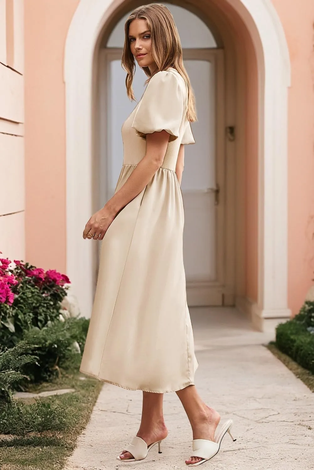 AlvaQ Women Dress Spring Summer Puff Sleeve Midi Dresses High Waist Ruffle A Line Flowy Beach Sundress with Pocket