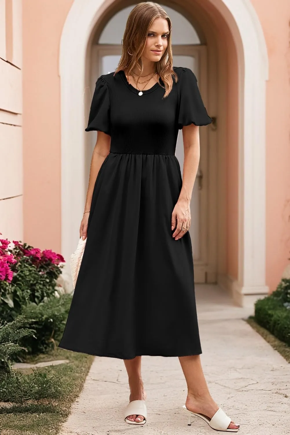 AlvaQ Women Dress Spring Summer Puff Sleeve Midi Dresses High Waist Ruffle A Line Flowy Beach Sundress with Pocket