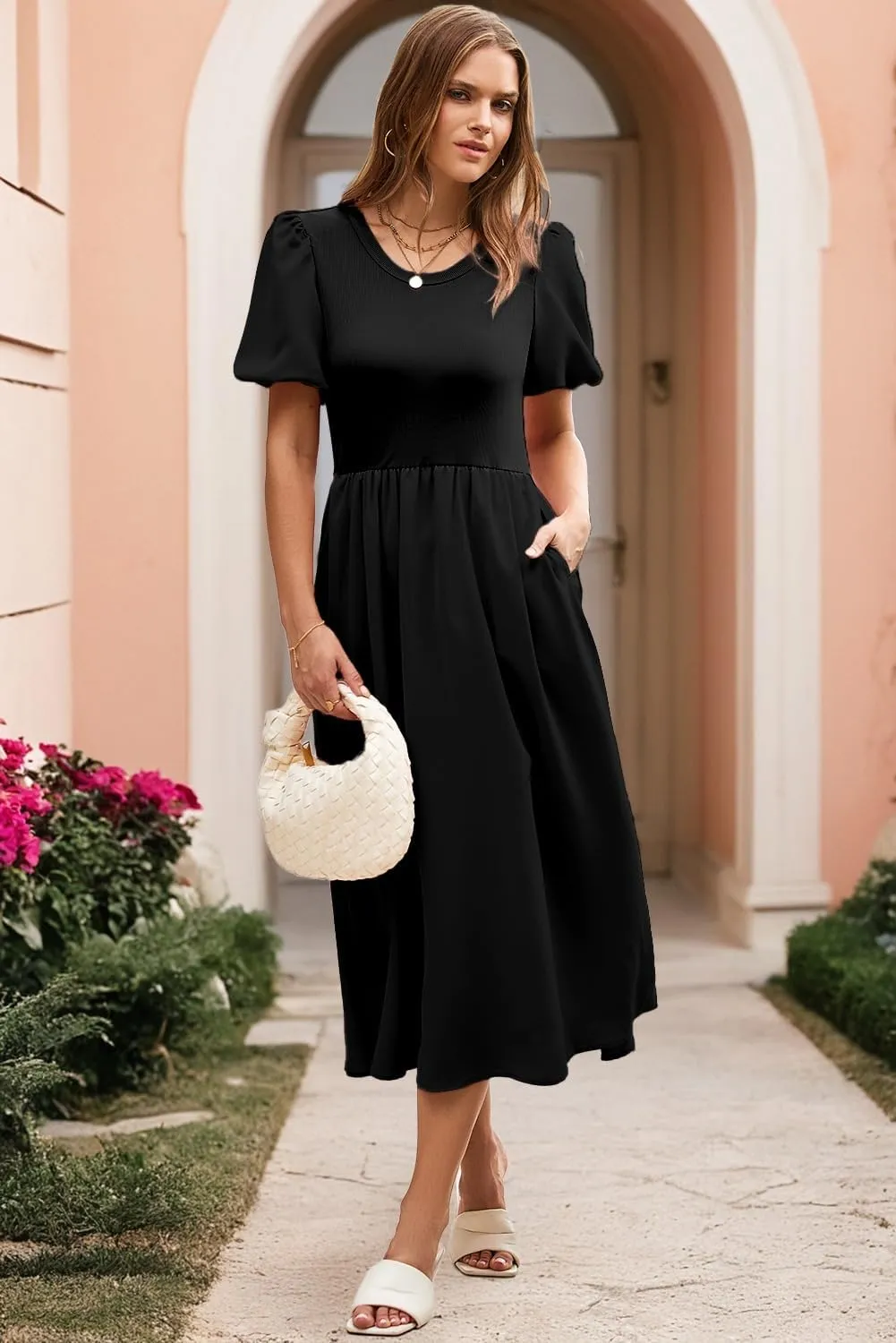 AlvaQ Women Dress Spring Summer Puff Sleeve Midi Dresses High Waist Ruffle A Line Flowy Beach Sundress with Pocket