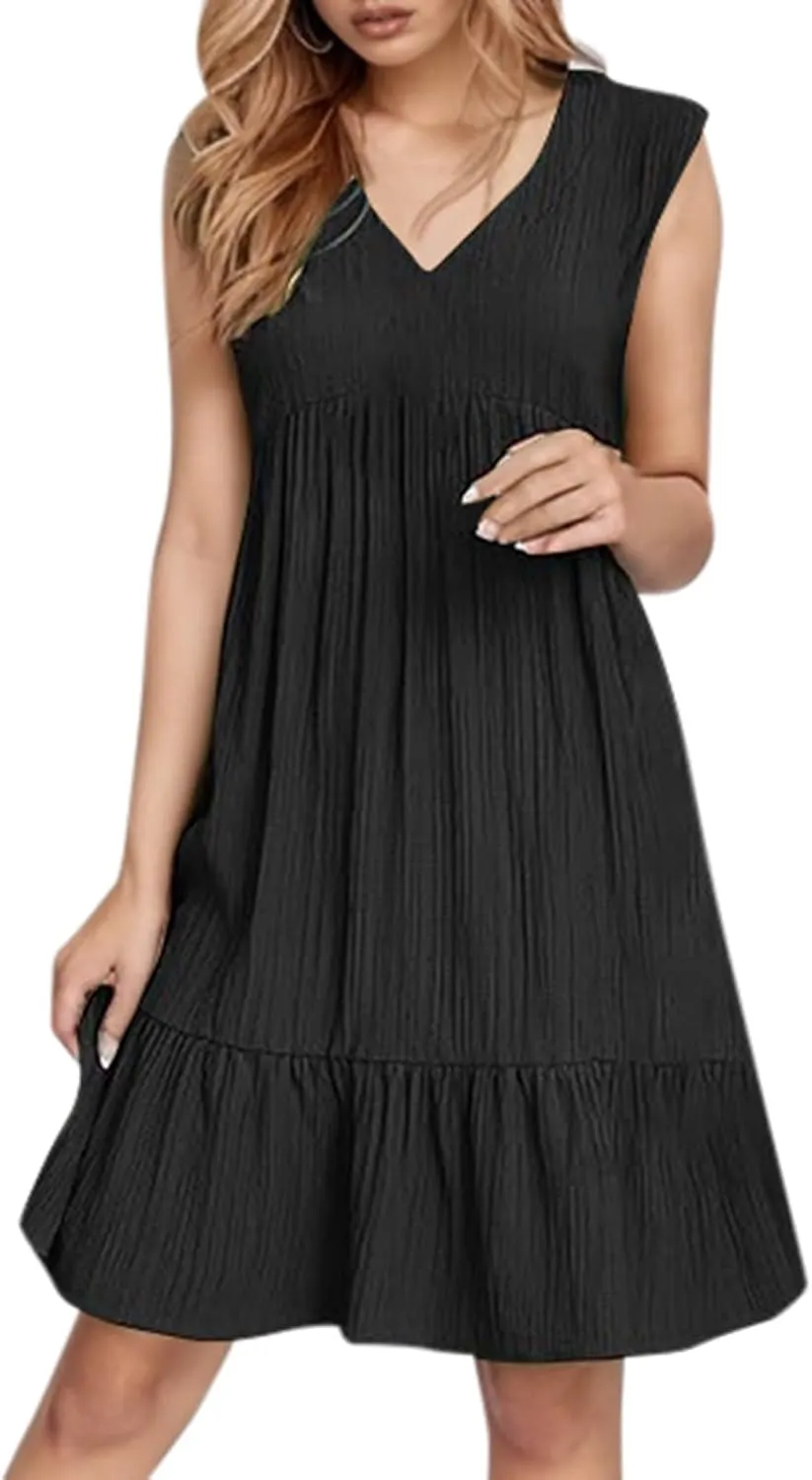 Aniywn Cute Summer Dresses for Women 2025 Vacation V Neck Mini Dresses Casual Flowy Boho Beach Ruffle A Line Swing Sundress