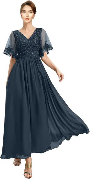 Ankle Length Mother of The Bride Dresses for Women with V-Neckline Appliques Formal Evening Gowns Sequin 2024