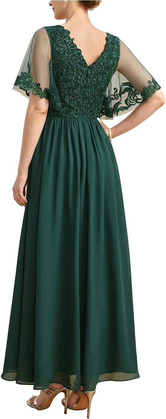 Ankle Length Mother of The Bride Dresses for Women with V-Neckline Appliques Formal Evening Gowns Sequin 2024