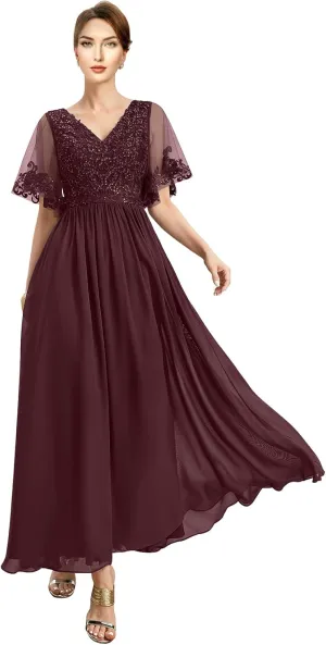 Ankle Length Mother of The Bride Dresses for Women with V-Neckline Appliques Formal Evening Gowns Sequin 2024
